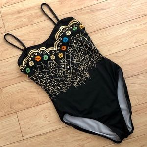 Vintage Gold & Black One Piece Swimsuit - Retro - Mod - Cute